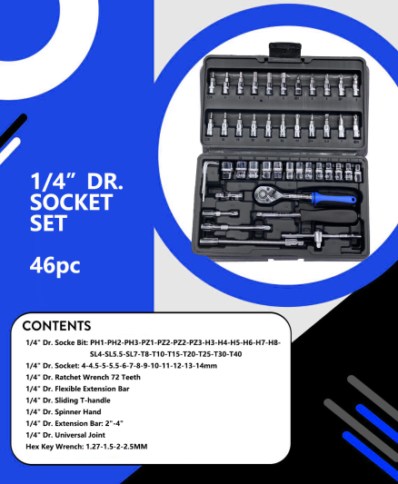 Craftshands 1/4 Inch 46 Pc Socket Set | Complete Ratchet & Bit Tool Kit for Precision Work