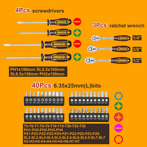 Ingco 172Pcs Cordless Impact Wrench Tool Set | 20V, 4.0Ah Battery Capacity, Max.Torque 550 Nm Brushless Motor (With Battery) HKTHP41723
