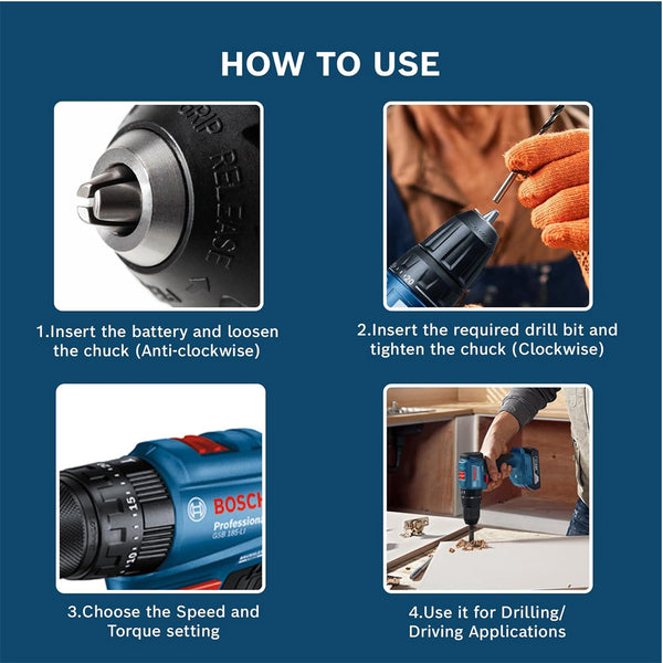 Bosch GSB 185-LI 13MM 18V Cordless Impact Drill Kit | 2 x battery GBA 18V 2.0Ah, GAL 18V-40 Professional, 23-piece drilling and screwdriving bit set with holder