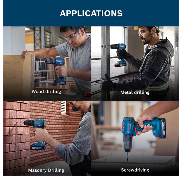 Bosch GSB 185-LI 13MM 18V Cordless Impact Drill Kit | 2 x battery GBA 18V 2.0Ah, GAL 18V-40 Professional, 23-piece drilling and screwdriving bit set with holder