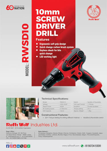 Ralli Wolf RWSD10 400W Screwdriver Drill with 10mm capacity, 0–750 RPM variable speed, 20+1 torque settings and keyless chuck.