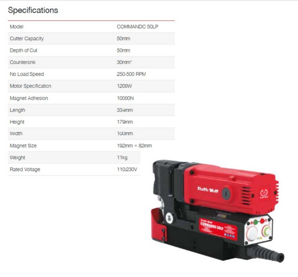 Ralli Wolf Commando 50LP 1200W Low-Profile Magnetic Core Drill Machine with 50mm Drilling Capacity and 10000N Magnetic Adhesion