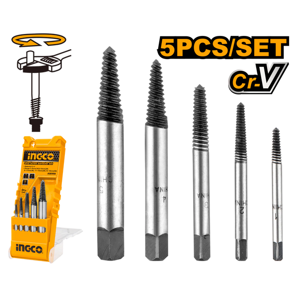 Ingco ASE008 5Pcs Screw Extractor Set | Available Sizes:- 3-6mm, 6-8mm, 8-11mm, 11-14mm, 14-18mm