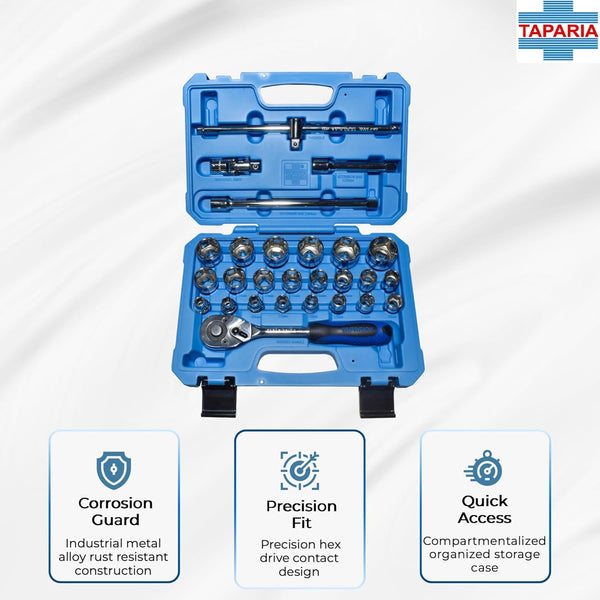 Taparia 27Pcs Bi-Hexagonal Socket Set 12.7mm (1/2 Inch) Sq. Drive in Blow Moulding Box BMS14HXL | Professional Socket Set