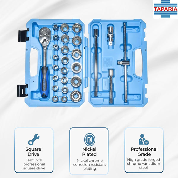 Taparia 27Pcs Bi-Hexagonal Socket Set 12.7mm (1/2 Inch) Sq. Drive in Blow Moulding Box BMS14MXL | Professional Socket Set