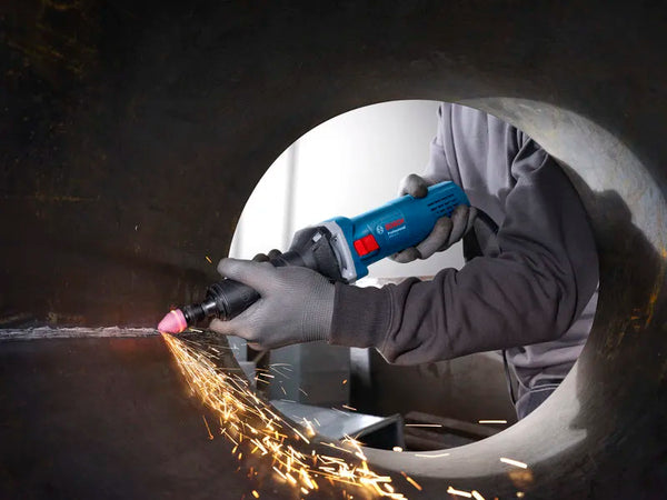 Bosch GGS 5 LS Professional 550W Straight Grinder with 7,000–32,000 RPM variable speed, 6mm collet, and restart protection. Ideal for grinding, deburring, polishing, weld finishing, and industrial fabrication.