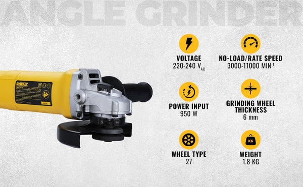 DeWalt DWE4119, 950W angle grinder, 125mm angle grinder, 5 inch angle grinder, variable speed grinder, DeWalt grinder, angle grinder 950W, M14 angle grinder, metal grinding machine, metal cutting grinder, workshop grinder, NVR angle grinder, soft start grinder, DWE4119-IN