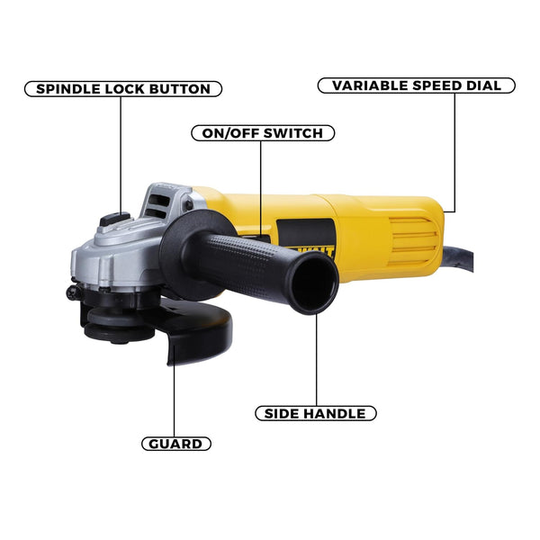 DeWalt DWE4119, 950W angle grinder, 125mm angle grinder, 5 inch angle grinder, variable speed grinder, DeWalt grinder, angle grinder 950W, M14 angle grinder, metal grinding machine, metal cutting grinder, workshop grinder, NVR angle grinder, soft start grinder, DWE4119-IN