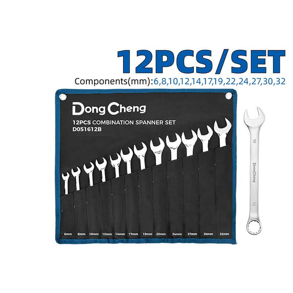 Dong Cheng 12 Pcs Combination Spanner Set B, 6–32mm, Fine Polished Matte Chrome Finish, Canvas Bag