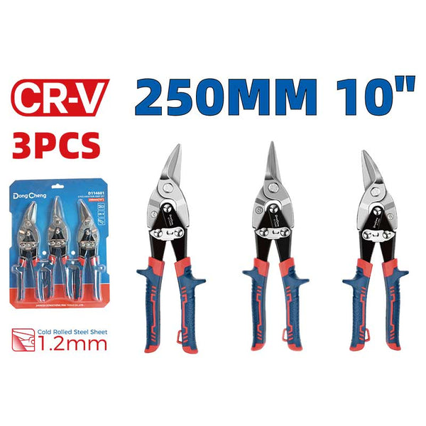 DongCheng HD114601 3-Piece 250mm (10 Inch) CR-V Aviation Snip Set with Left-Cut, Straight-Cut and Right-Cut Snips for Sheet Metal Fabrication and HVAC Work