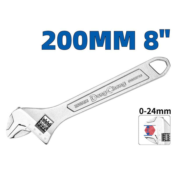 Dong Cheng Adjustable Wrench 8 Inch, 200mm, 0–24mm Jaw Capacity, Heat-Treated Chrome-Plated Carbon Steel
