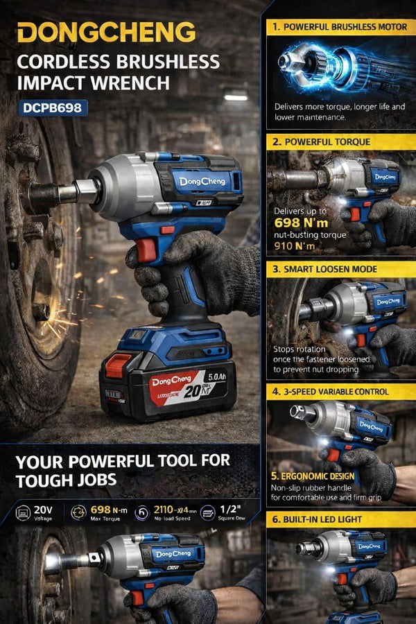 DongCheng DCPB698 20V MAX Cordless Brushless Impact Wrench, 1/2-Inch Square Drive with 698Nm Maximum Torque, 910Nm Nut-Busting Torque and 4-Speed Control