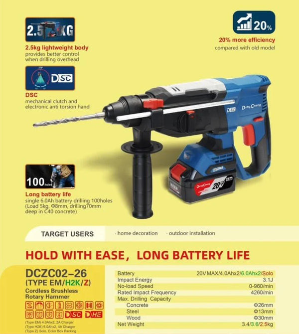 DongCheng DCZC02-26 20V MAX Cordless Brushless Rotary Hammer Drill, 3.1J Impact Energy, 600W Maximum Power Output, 26mm Concrete Capacity and Electronic Anti-Twist Protection