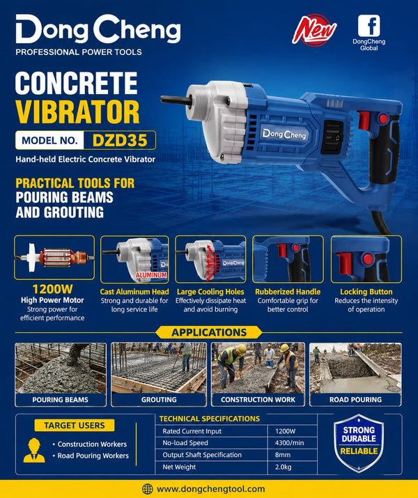 DongCheng DZD35 1200W Handheld Concrete Vibrator, 4300 RPM, 8mm Output Shaft, Cast-Aluminum Head and Rubber-Covered Handle for Concrete Compaction
