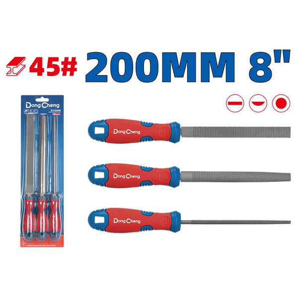 DongCheng HD116340 3-Piece 200mm (8 Inch) Wood File Set with Flat, Half-Round and Round Files for Carpentry, Wood Shaping, Furniture Making and Woodworking