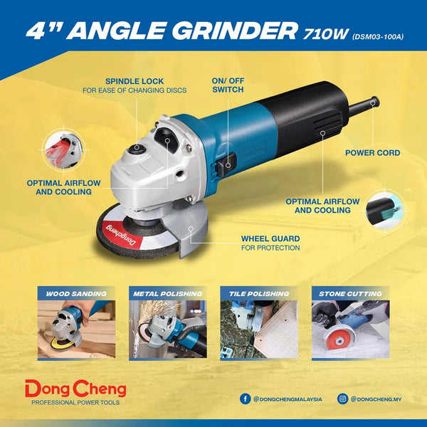 DongCheng DSM03-100A 710W 4-Inch Angle Grinder Machine, 13000 RPM, 100mm Grinding Wheel, M10 Spindle Thread for Metal Cutting and Grinding