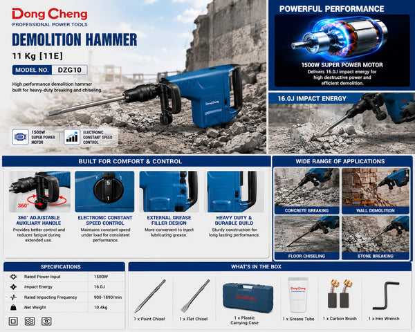 DongCheng DZG10 1500W Demolition Hammer with 16J Impact Energy, Electronic Constant Speed Control and Carbon Brush Warning Light