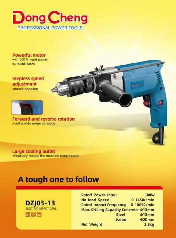 DongCheng DZJ03-13 500W Electric Impact Drill, Adjustable Speed 0–1450 RPM, 13mm Steel and Concrete Drilling Capacity, Forward and Reverse Rotation