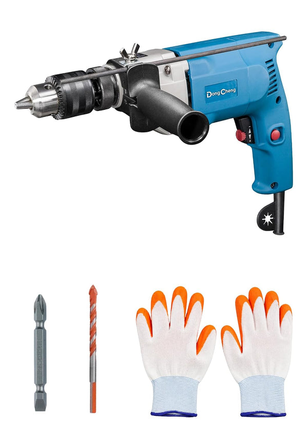 DongCheng DZJ03-13 500W Electric Impact Drill, Adjustable Speed 0–1450 RPM, 13mm Steel and Concrete Drilling Capacity, Forward and Reverse Rotation