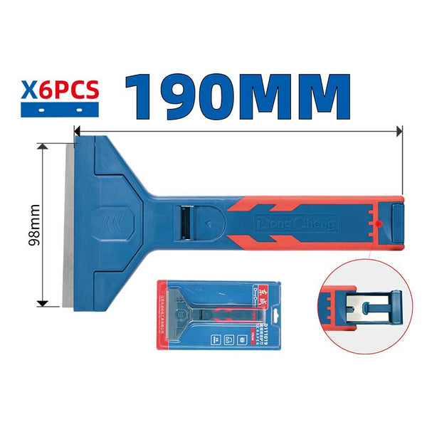 DongCheng HD111019 190mm Heavy-Duty Multi-Surface Scraper with ABS + TPR Soft Grip & 6 PCS 18x98mm Blades