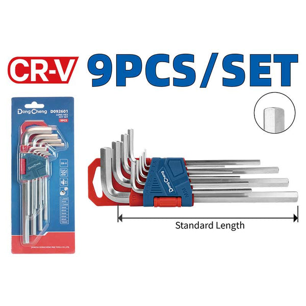 DongCheng HD092600 9-Piece Standard Length Chrome-Plated Chrome Vanadium (CR-V) Metric Hex Key Set (1.5–10mm)