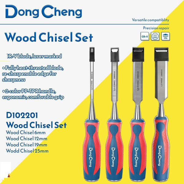 DongCheng HD102201 4-Piece Professional Chrome Vanadium (CR-V) Wood Chisel Set (6mm, 12mm, 19mm, 25mm)