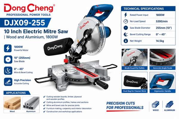 Dongcheng DJX09-255 10Inch Electric Mitre Saw | Wood and Aluminium, 1800W