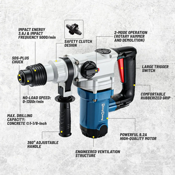 Dongcheng DZG02-15 Electric Demolition Hammer 1010W, 40.7J Impact Energy, 1400 BPM Heavy Duty Concrete Breaker with Iron Carrying Case
