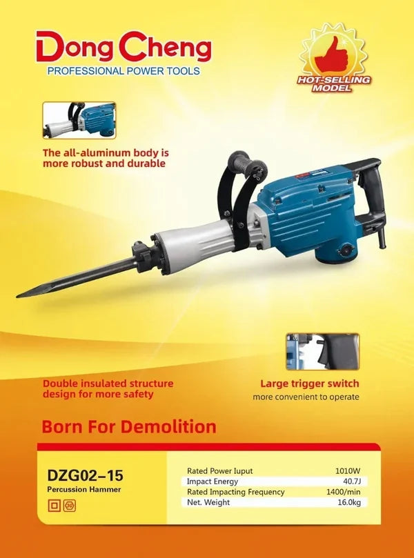 Dongcheng DZG02-15 Electric Demolition Hammer 1010W, 40.7J Impact Energy, 1400 BPM Heavy Duty Concrete Breaker with Iron Carrying Case