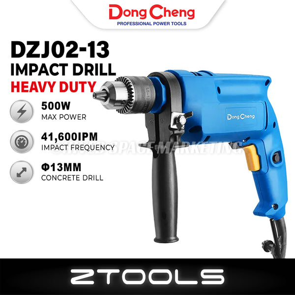 Dongcheng DZJ02-13 Electric Impact Drill 500W, 13mm Variable Speed Reversible Hammer Drill for Steel, Concrete and Wood Drilling