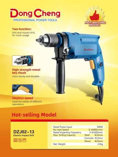 Dongcheng DZJ02-13 Electric Impact Drill 500W, 13mm Variable Speed Reversible Hammer Drill for Steel, Concrete and Wood Drilling