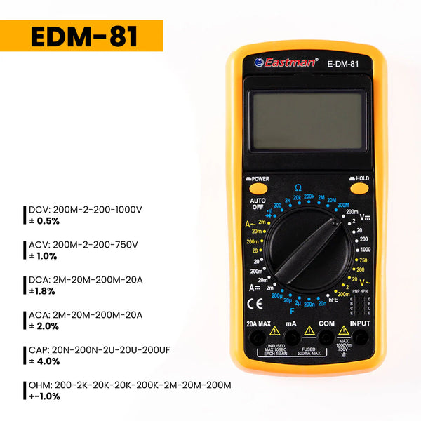 Eastman Digital Multimeter E-DM-81 | AC/DC Voltage Current Testing Tool For Electricians