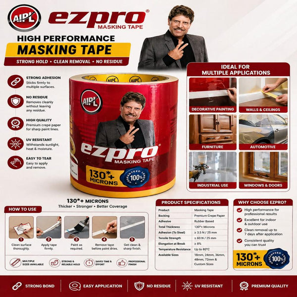 Ezpro 24mm Masking Tape | Multipurpose Adhesive Paper Tape for Painting, Splicing, Bundling, Packaging & Surface Protection