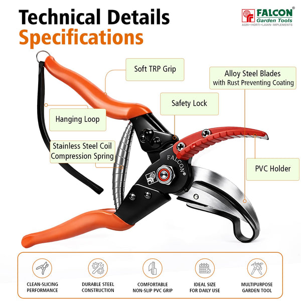 Falcon FCHM-902, Cut & Hold Secateur, Pruning Secateur, Bypass Secateur, Garden Pruning Tool, Pruning Shear, Gardening Tool, Horticulture Tool, Branch Cutter, Plant Pruner, Nursery Tool, Farming Tool, Falcon Secateur