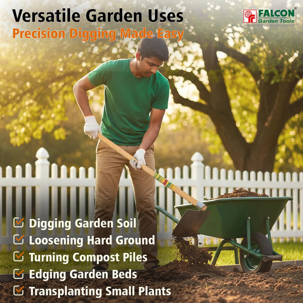 Falcon SPKW-1000, Falcon garden spade, Garden spade, Premium garden spade, Wooden handle spade, 900mm garden spade, Garden digging tool, Steel spade, Heavy duty spade, Gardening tools, Agriculture tools, Soil digging tool, Landscaping tool, Farming spade