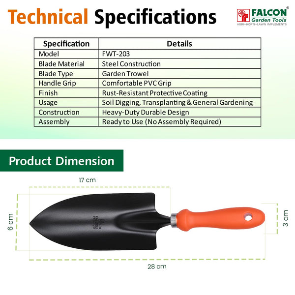 Falcon FWT-203, Hand Digging Trowel, Garden Trowel, Premium Trowel, Small Garden Trowel, Planting Tool, Transplanting Tool, Gardening Hand Tool, Soil Digging Tool, Nursery Tool, Pot Gardening Tool, Garden Hand Tools, Falcon Garden Tools