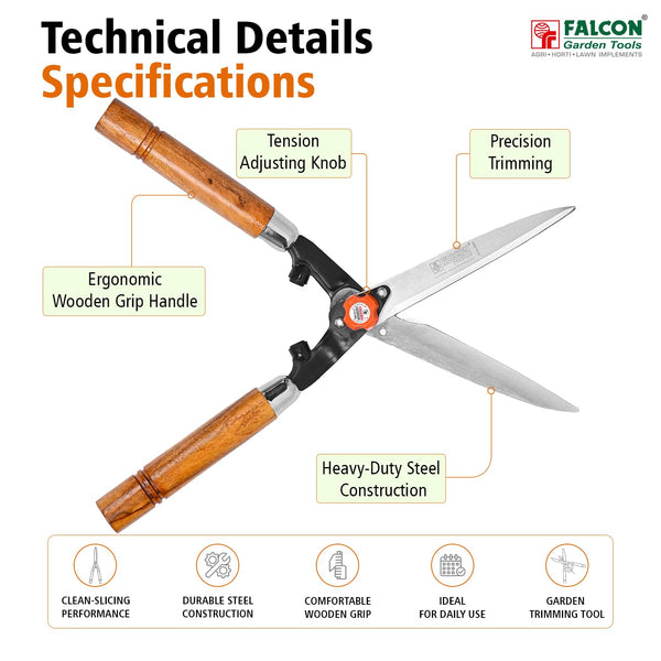 Falcon 10 Inch Premium Hedge Shear FHS-999(W) with Wooden Handle | 250mm Hardened Steel Blades with Rust Preventive Coating