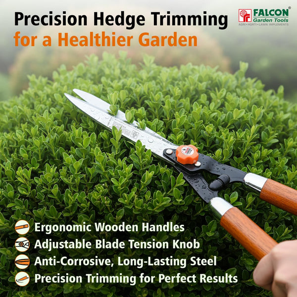 Falcon 10 Inch Premium Hedge Shear FHS-999(W) with Wooden Handle | 250mm Hardened Steel Blades with Rust Preventive Coating
