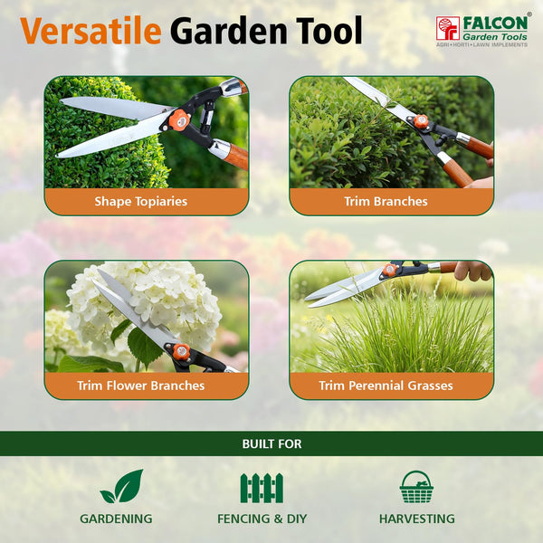 Falcon 10 Inch Premium Hedge Shear FHS-999(W) with Wooden Handle | 250mm Hardened Steel Blades with Rust Preventive Coating