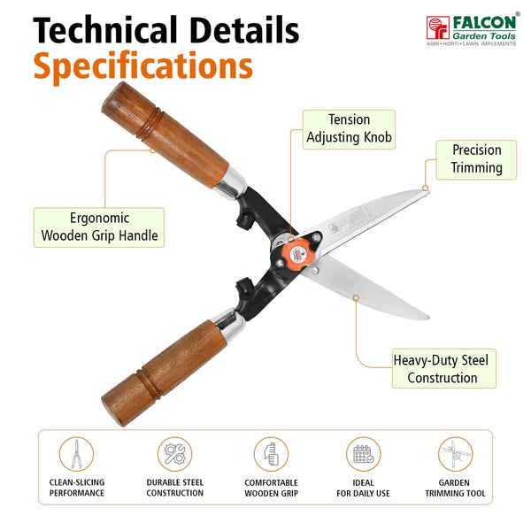 Falcon FHS-666, Falcon hedge shear, 200mm hedge shear, 8 inch hedge shear, Premium hedge shear, Wooden handle hedge shear, Hardened steel hedge shear, Hedge trimming tool, Garden hedge cutter, Shrub trimming tool, Garden pruning tool, Landscaping tools, Horticulture tools, Small garden tools