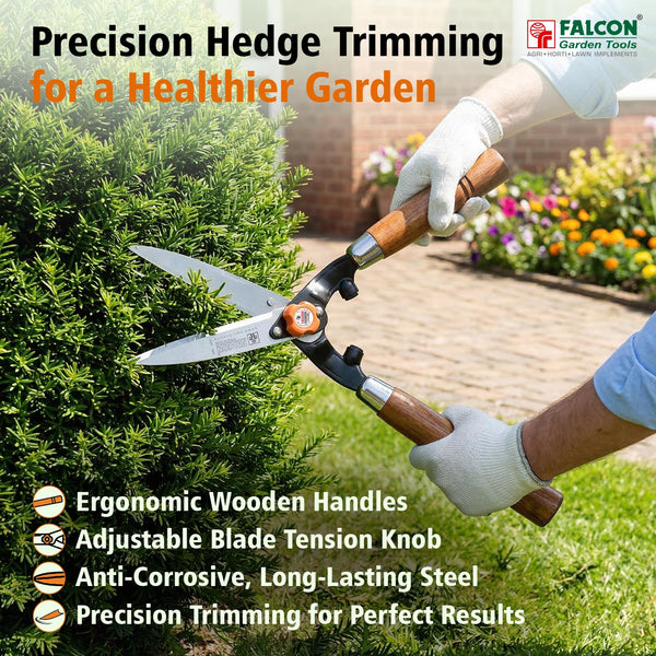 Falcon FHS-666, Falcon hedge shear, 200mm hedge shear, 8 inch hedge shear, Premium hedge shear, Wooden handle hedge shear, Hardened steel hedge shear, Hedge trimming tool, Garden hedge cutter, Shrub trimming tool, Garden pruning tool, Landscaping tools, Horticulture tools, Small garden tools