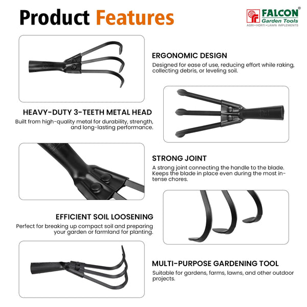 Falcon FCHW-3066, Falcon prong cultivator, Premium prong cultivator, 3 prong cultivator, 900mm cultivator, Steel handle cultivator, Soil cultivator, Garden cultivator, Weeding tool, Soil loosening tool, Gardening tools, Agriculture tools, Horticulture tools, Landscaping tools