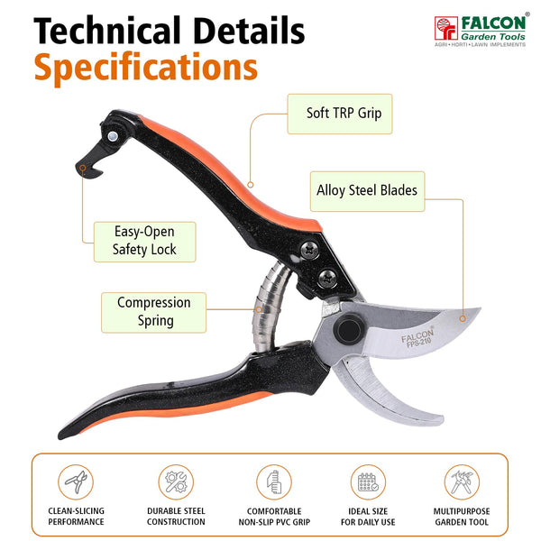 Falcon FPS-210, Pruning Secateur, Bypass Secateur, Garden Pruning Tool, Pruning Shear, Branch Cutter, Horticulture Tool, Gardening Secateur, Plant Pruner, Agricultural Tool, 14mm Pruning Cutter, 200mm Secateur