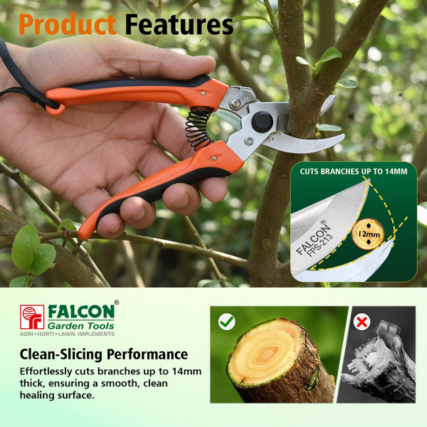 Falcon FPS-213, Pruning Secateur, Bypass Pruner, Garden Secateur, Pruning Shear, Gardening Tool, Plant Pruner, Branch Cutter, Horticulture Tool, Nursery Tool, Flower Pruning Tool, 185mm Secateur, 12mm Pruning Tool