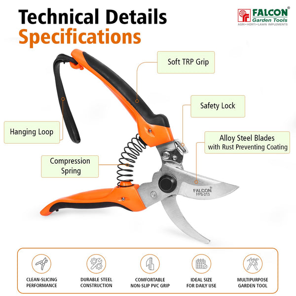 Falcon FPS-213, Pruning Secateur, Bypass Pruner, Garden Secateur, Pruning Shear, Gardening Tool, Plant Pruner, Branch Cutter, Horticulture Tool, Nursery Tool, Flower Pruning Tool, 185mm Secateur, 12mm Pruning Tool