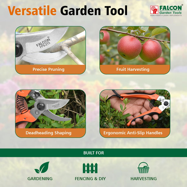 Falcon FPS-213, Pruning Secateur, Bypass Pruner, Garden Secateur, Pruning Shear, Gardening Tool, Plant Pruner, Branch Cutter, Horticulture Tool, Nursery Tool, Flower Pruning Tool, 185mm Secateur, 12mm Pruning Tool