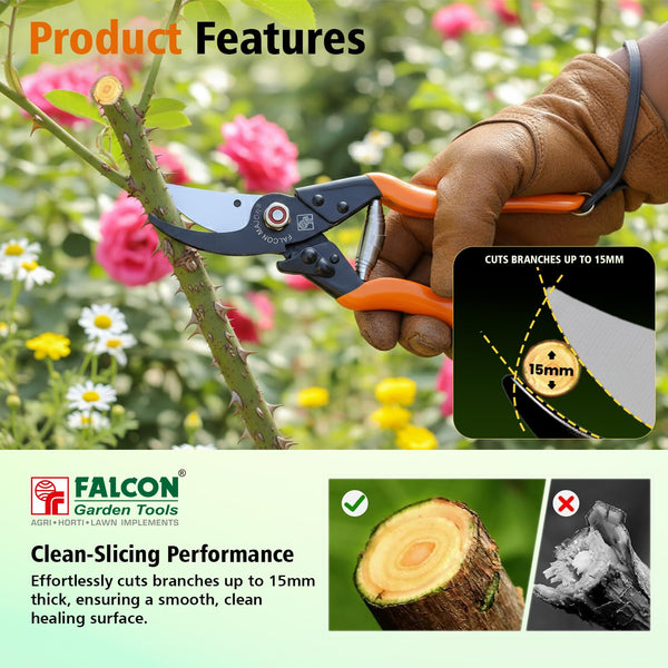 Falcon Major, Falcon Pruning Secateur, Bypass Secateur, Pruning Shear, Garden Secateur, Plant Pruner, Branch Cutter, Gardening Tool, Horticulture Tool, Nursery Tool, 15mm Pruning Tool, 225mm Secateur