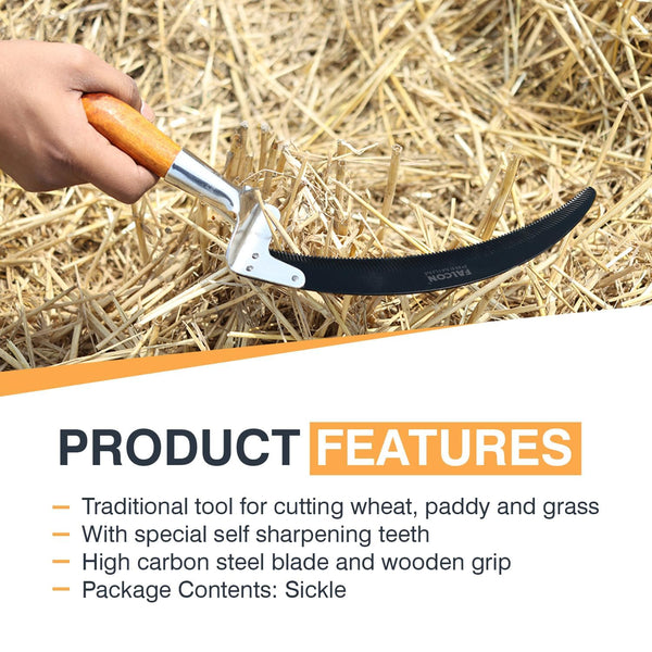 Falcon SPS(W)-3040, Spanco Sickle, Wooden Grip Sickle, Agricultural Sickle, Hand Sickle, Crop Cutting Sickle, Grass Cutting Tool, Weed Cutting Tool, Harvesting Tool, Farming Tool, Agricultural Tool, Gardening Tool, High Carbon Steel Sickle, Self Sharpening Sickle
