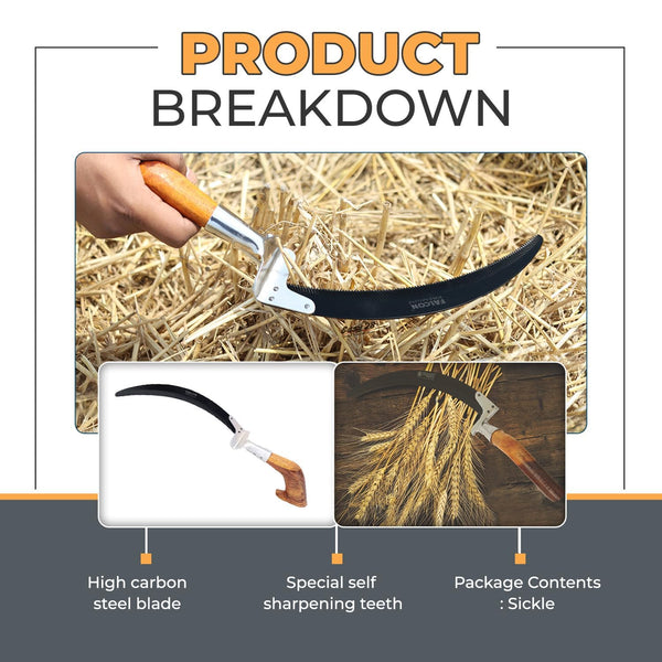 Falcon SPS(W)-3040, Spanco Sickle, Wooden Grip Sickle, Agricultural Sickle, Hand Sickle, Crop Cutting Sickle, Grass Cutting Tool, Weed Cutting Tool, Harvesting Tool, Farming Tool, Agricultural Tool, Gardening Tool, High Carbon Steel Sickle, Self Sharpening Sickle