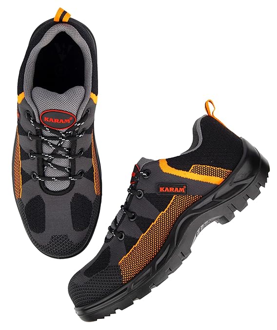 Karam Flytex Grey And Orange Sporty Safety Lace-up FS210 | Industrial Safety Purpose